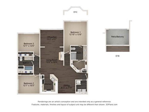 Floor plan for 3 beds, 2 baths, 1431 sqft